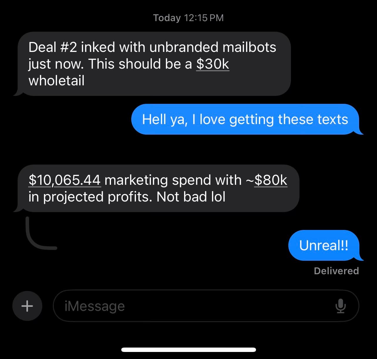 Client text: $10,065 marketing spend with ~$80k in projected profits — 8x ROI